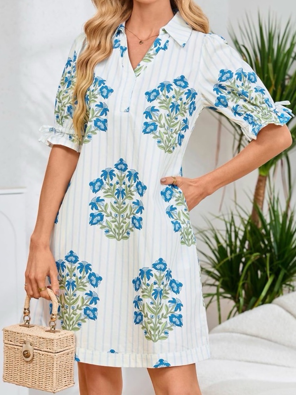 Floral Blue & White Midi Shirt Dress NWT!